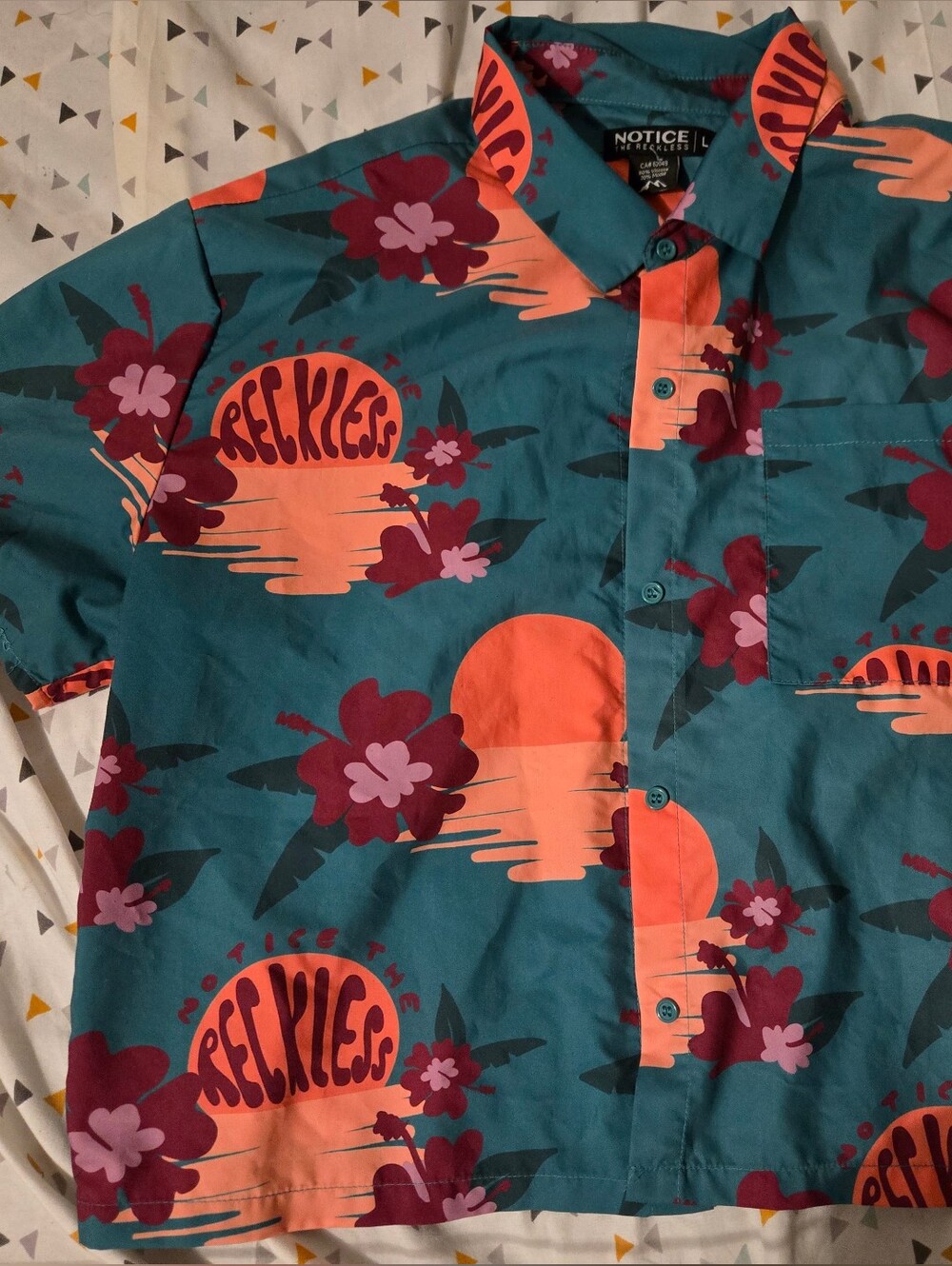 Notice Teal Floral Button-Down Shirt with Coral Accents